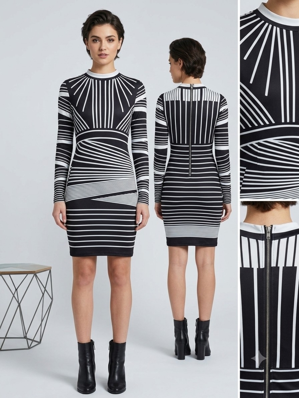 Black & White Long-Sleeve Geometric Bodycon Dress